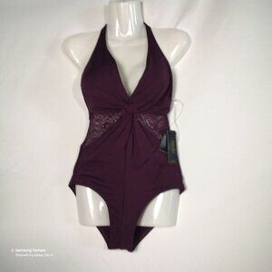 Laundry by Shelly Segal Los Angelis Eggplant Crochet Torso 1 Pc. Swimsuit NWT Sm